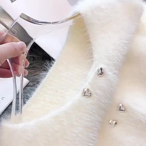 ＜109＞  Áo Len Cardigan Dệt Kim Lông Chồn Nước Áo Khoác Nữ 2025 Trang Phục Thu Đông Áo Khoác Cổ Tròn Hai Bên Ngực Dáng Ngắn