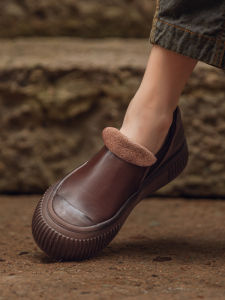 Jiezhou Spring Autumn Genuine Leather Slip-On Casual Womens Shoes Low Cut Single Shoes Full Cowhide Thick Bottom Design Unique Platform Shoes