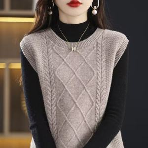 Fall and Winter New Vest Vest Womens round Neck Sleeveless Waistcoat Loose Easiest for Match Wool Knitting Inner Bottoming Shirt Sweater