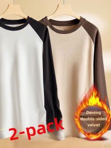 Autumn and Winter Mens Double-sided Dralon Long sleeves Shirt Fleece-lined Thickened Loose Raglan Bottoming Shirt Inner wear Warm Top