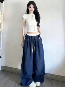 Fashionable sportswear-style dark blue high street loose-fitting wide-leg casual pants