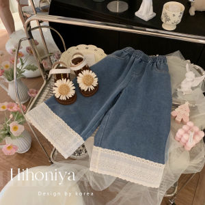 Spring Summer New Style Light Color Lace Splicing Wide Leg Parent-Child Denim Jeans Korean Fashion Cotton Blend Kids Clothing