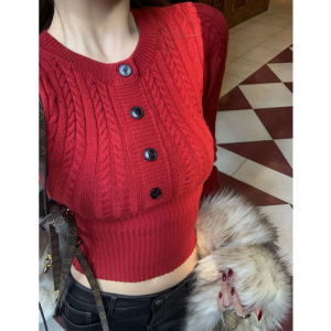 BINKAFENNY | เสื้อชั้นในถักสีแดงคอตั้งสไตล์เกาหลีสำหรับผู้หญิง เสื้อเชิ้ตแขนยาวทรงเข้ารูปสวยงาม เสื้อชั้นในฤดูใบไม้ร่วง