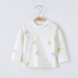 Pure Cotton Shoulder Button round Neck Base Shirt Long-Sleeved Top Baby Spring and Autumn Baby Man and Woman Cartoon Home Autumn Clothes Single Piece