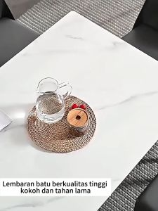 BMZAR Meja Makan Kayu Meja Makan Aesthetic Dengan Sticker Marmer Meja Makan Minimalis