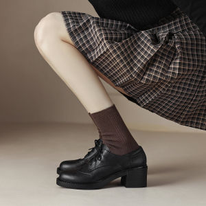 Fall Winter Womens Block Heel Shoes Thick Bottom Heightening Soft Bottom Wide Heel High Heels Fleece Lined Leather Oxford Shoes