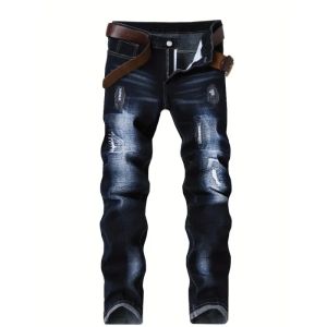Mens Jeans Pant Break Hole Baggy Pants Y2k Man Clothing Embroidery Slim and Thin Elasticity Straight Trousers for Man Clothes