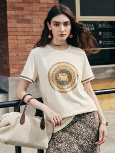 Basic House | Elephant Print T-Shirt Tencel Short Sleeves Lightweight Round Neck