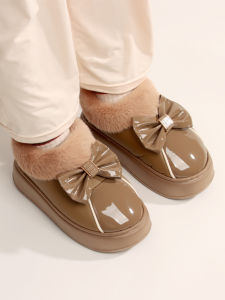 รองเท้าแตะผู้หญิงหนัง PU หัวเข็มขัดผีเสื้อ EVA รองเท้าแตะบ้านฤดูหนาว รองเท้าแตะบุขนนุ่มแบบสวมสบาย