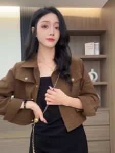 Cafe Au Lait Shirt Short Outerwear Womens Early Autumn New Fashion Strap Dress Outerwear Set Cotton Denim Loose Fit Long Sleeve Button up