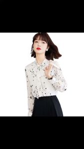 【 stock】Women Blouse Korean Top Chiffon Casual Printed Shirts Tops Long Sleeves Blouses