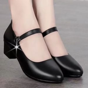 Korean Fashion Black Shoes for Women Pointed Leather School Shoes Office Work Block Heels Shoes