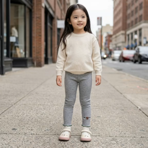 Girls’ Leggings with Bear Embroidery & Small Floral Details (Ages 1–7)