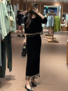 SHANGSHA | Autumn Elegance Powerful Bossy Luxurious Minimalist High-class Audrey Style Black Velvet Dress Set