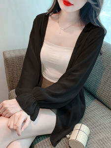 Black Ice Silk Sun Protection Clothing Womens Summer Thin Sling Dress Outer Chiffon Cardigan Shawl Long Sleeves Outwear
