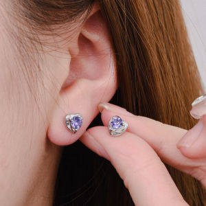 【♡Lovely girls house♡】1 Pair Heart Shape Purple Rhinestone Stud Earrings for Women Cubic Zirconia Korean Style Earrings Fashion Jewellery