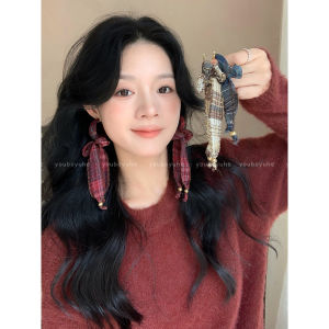 Red Plaid Butterfly Knot Sash Earrings Womens High-End Unique Design Silver Needle Hoop Oversized Circle Ear Jewelry