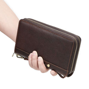 CONTACTS Retro Genuine Leather Casual Mens Handbag with Wrist Strap Double Zipper Storage Bag Wallets