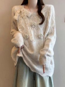 Áo Len Dệt Kim Rộng Rãi Dài Vừa Phải Cho Nữ Mùa Xuân Hoa Khoét Lỗ Dáng Rộng Thoải Mái Dài Vừa Phải Giảm Tuổi Tác