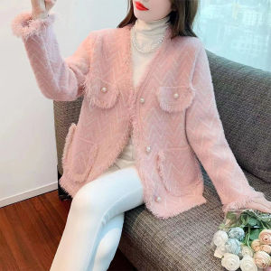 Korean Style V-Neck Woolen Knitted Coat Womens Fashion Tassel Trim Spring Autumn New Arrival Long Sleeve Crystal Velvet Top