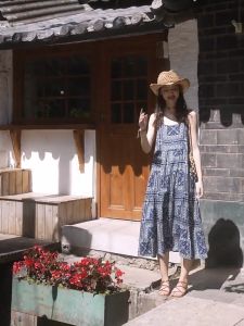 🌟CORE🌟dresses women new style 2025 Korean Trends Ethnic Style Loose Dress Vacation Style Casual Slip Dress Blue Printed Large Hem Dress