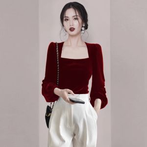 Red Velvet Base Shirt Womens Inner Spring Autumn Bubble Sleeve Elegance High Sense French Collar Square Neck Top