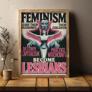 Retro สตรีนิยมการ์ตูนสไตล์โปสเตอร์ผ้าใบ- "LESbianism Vs. เวทมนตร์" Wall Art Decor สําหรับห้องนอนห้องนั่งเล่นสํานักงานคาเฟ่บาร์