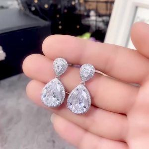 Huitan Pear Shape Crystal Cubic Zirconia Drop Earrings for Women Luxury Silver Color Eternity Wedding Trend Accessories Jewelry