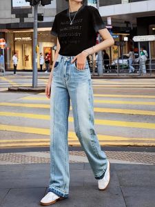 High Waist Straight Leg Jeans Womens Spring 2024 Casual Retro Patchwork Frayed Denim Pants Classic Trousers for Ladies