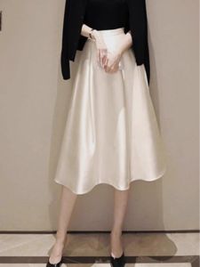 Hebe Style High Waist Draped Satin A-Line Skirt Womens Mid-Length Midi Skirt White Color Commute Korean Version Pure Color