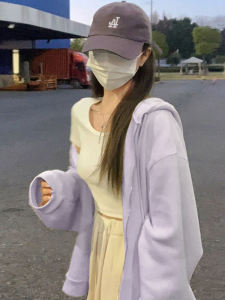 Womens Hoodie Jacket Thin Winter Outerwear Purple Small Size Cardigan Long Sleeve Mid-Length Zipper Closure Solid Color