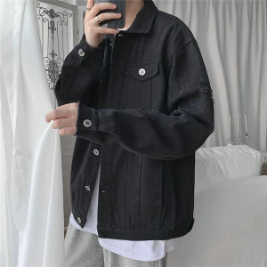 New Autumn Mens Jeans Jackets Slim Fit Cotton Denim Jacket Red White Black Ripped Hole Jean Coats Mens Outwear Plus Size M-5XL