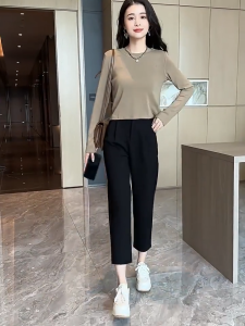 Korean Casual Office Suit Pants for Women Black High Waist Wide Leg Pants Loose Slim Waist Straight Cut Trouser