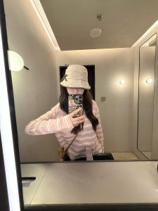 Pink Striped Long Sleeve Loose Casual Womens T-shirt Korean Sweet Spicy Style Hollow out Design Early Autumn Trendy Top