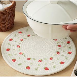 Cute Floral Woven Cotton Placemats Round Heat Resistant Non-Slip Dining Table Mats Farmhouse Flower Cup Coasters Kitchen Decor