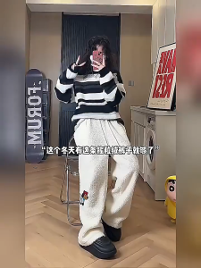 อเมริกันย้อนยุคสีกากีลูกสุนัขปักเนื้อแกะขนสัตว์กางเกงผ้าฝ้ายฤดูหนาวหนาอบอุ่นหลวมอเนกประสงค์กางเกงลําลอง