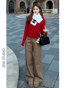 plus Size Womens Straight Leg Jeans Coffee Brown Wide Leg Jeans Spring New Loose Slimming High Waist Floor Length Trousers