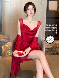 LEZIMENG | Áo Choàng Sáng Mịn cho Phụ Nữ Màu Đỏ Đồ Mặc Nhà Mùa Xuân/Thu