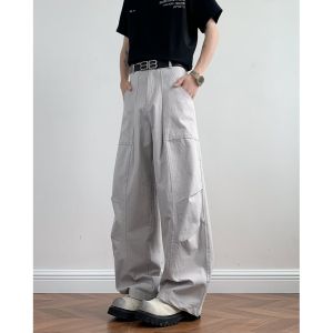 American Deconstructed Patchwork Line Work Pants Men Loose Wide Leg Straight Casual Trousers Youth Fashion Summer Leisure