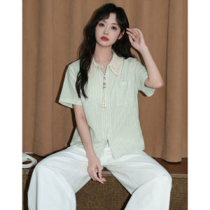 ZISUO | Áo Blouse Tay Ngắn Cổ Xếp Đính Ren Kết Hợp Dây Kéo Đôi Có Sọc Xanh