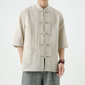 Mens Linen Cotton Shirt Five-Quarter Sleeve Stand Collar Retro Chinese Tang Costume Style Summer Casual Top Youth Pure Color