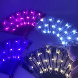 Light Up Folding Fan Lolita Dance Stage Performance Hand Fan LED Retro Dark Red Black Rose Fans Wedding Party Photograph Prop