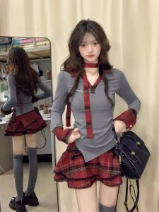 Tea Series Wear a Whole Set of Autumn Little Sweet Girl Pure Desire Long Sleeves Tops Bubble Skirt Two-piece Set Womens Clothes