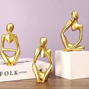  【Golden】Mini Abstract Figurine Thinker Sculpture Figurine Set Resin Home Decor Modern Bookcase Decor Desktop Artwork Ornament
