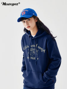 เสื้อสเวตเตอร์วินเทจสไตล์อเมริกันสีน้ำเงินเข้มสำหรับผู้หญิงเสื้อตัวนอกแบบบางสำหรับฤดูใบไม้ร่วงและฤดูหนาวแองเจิลโอเวอร์ไซส์มีดีไซน์นิยมในคนกลุ่มหนึ่ง