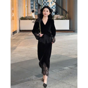 Fashion Elegant Womens Set French Design Velvet V-Neck Top & Midi Skirt
