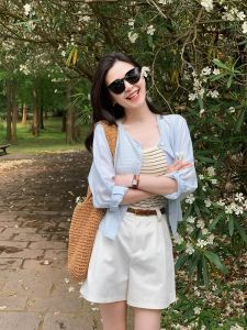 Blue Short Length Loose Linen Ice Silk Sun Protection Shirt Women Summer Thin Veil Open Cardigan Air Conditioned Top