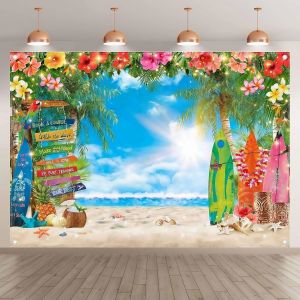 Phông Nền Tiệc Luau Nhiệt Đới Chủ Đề Bãi Biển Hawaii Với Cây Cọ Và Ván Lướt Sóng Trang Trí Theo Chủ Đề Aloha Mùa Hè Chất Liệu Polyester