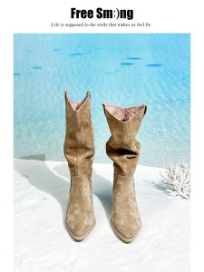 ฟรียิ้มหรูหรา ผ้าขนแกะ รองเท้าบู๊ตพับ Taffeta พื้นผิว หนังนิ่มรองเท้าบูทคาวบอยตะวันตก Pure หนัง Medium Tube Bootie