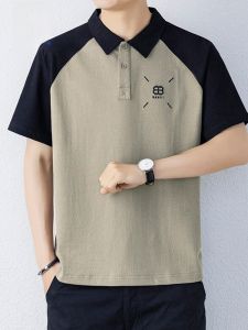 ROMON | Lormen Mens Short Sleeve T-Shirt Summer Ice Silk Thin Polo Shirt Collar Splicing Casual Top Mens Fashion Cotton Polyester Blend